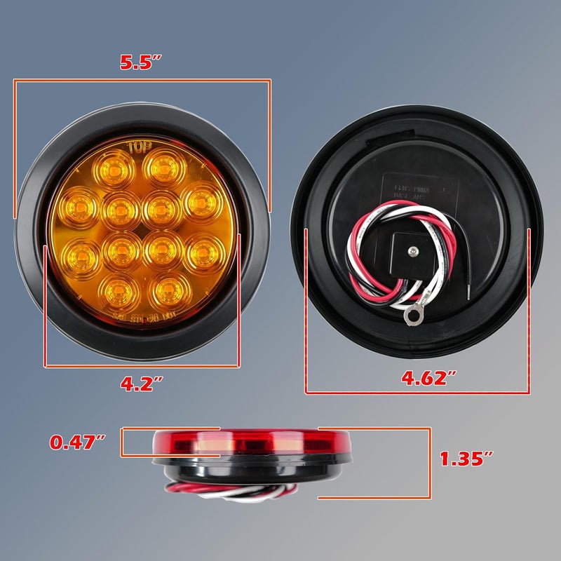 fouwick 2Pcs 4.2 inchRed Round LED tail trailer light 12 LEDs IP67 Waterproof Stop Brake Turn Signal Reverse marker Tail Light Surface Mount, Light for boat trailer (4" Round Yellow 1) - Image 2
